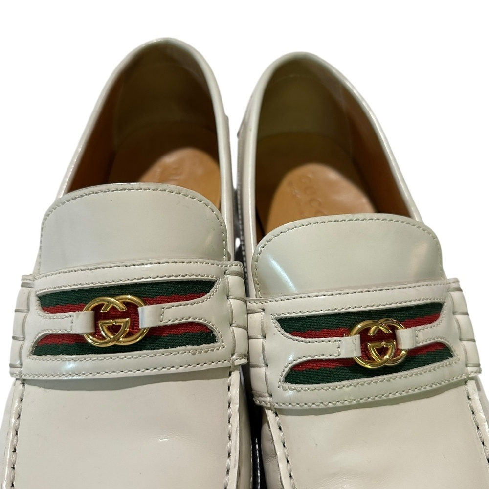 Men Genuine GUCCI Kaveh Webbing White Leather Loafers Shoes GG logo 9.5 US